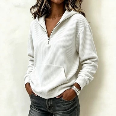 Half-Zip Hooded Sweatshirt Relaxed Fit Slimming Long Sleeve Pullover White