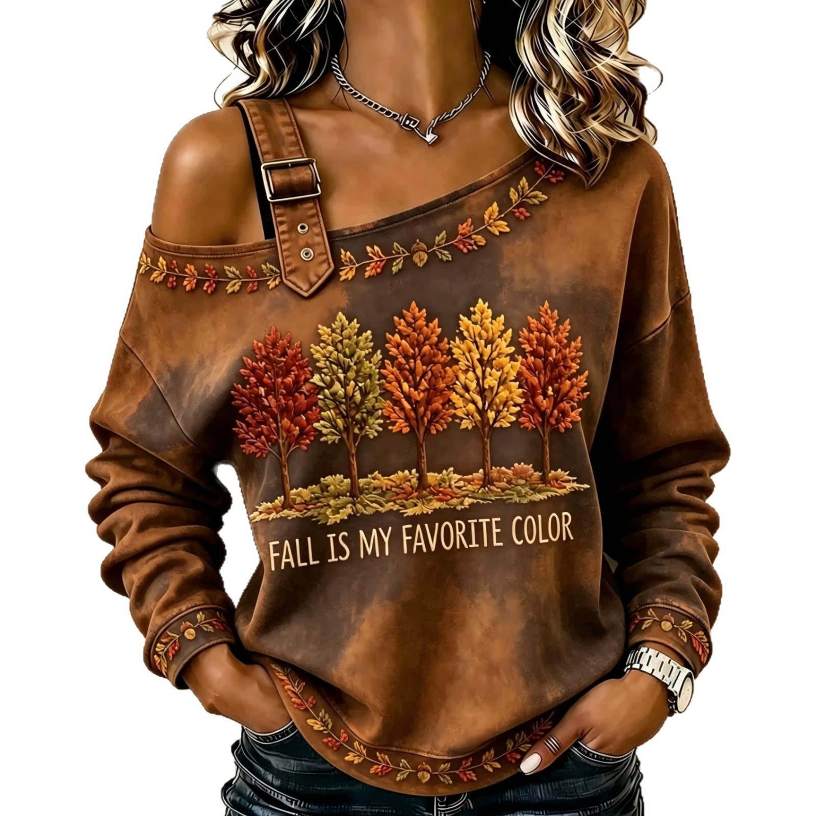Maple Leaf Letter Floral Print Crewneck Long Sleeve Lace-Up Sweatshirt