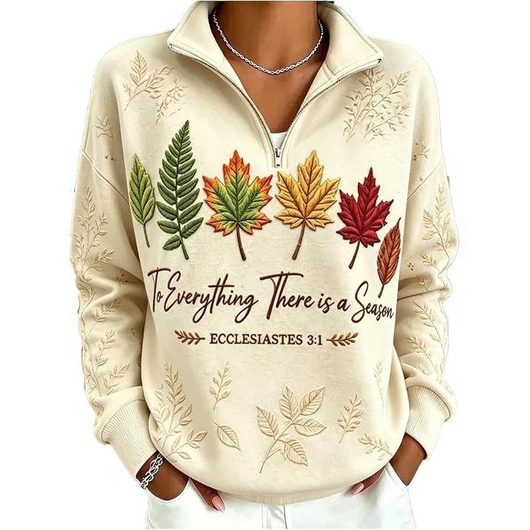 Women's Leaf Maple Tree Print Half-Zip Hoodie