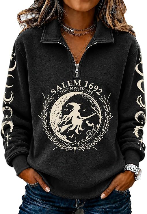 Women's Half-Zip Halloween Witch Skull Print Hoodie