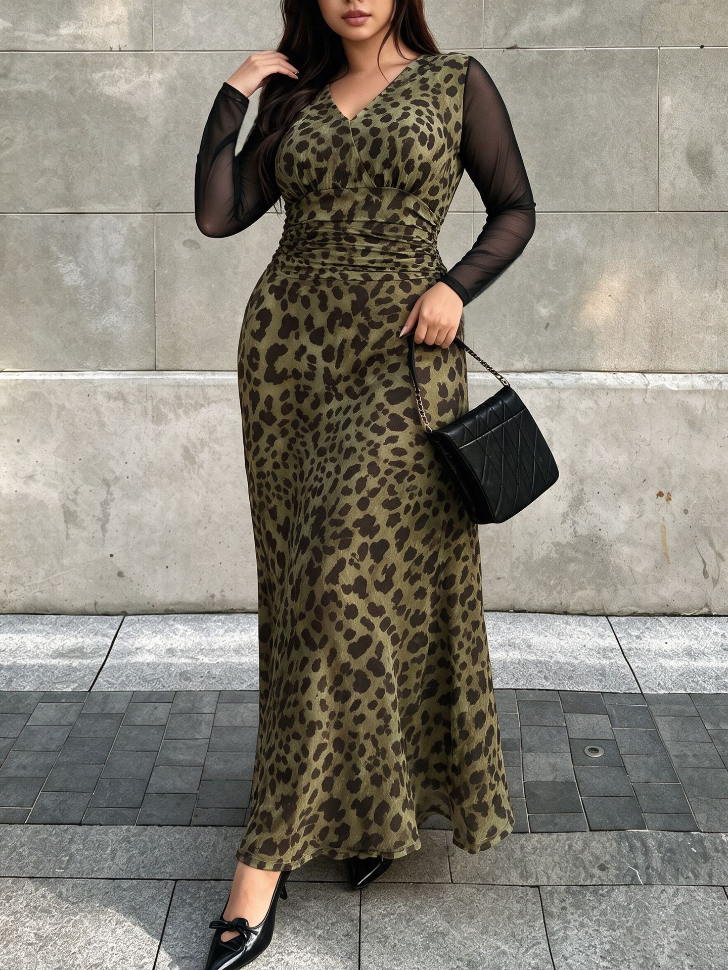 Plus Size Vintage Leopard Print Sheer Mesh Long Sleeve High Waist A-Line Maxi Dress