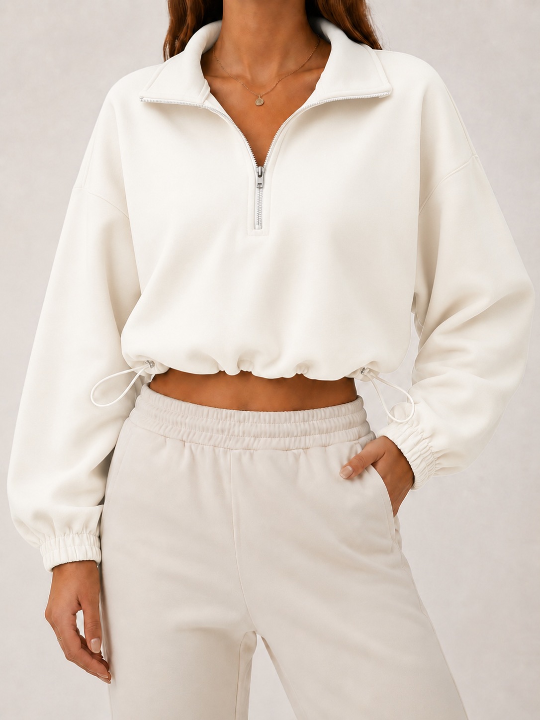 Women's Solid Half-Zip Collared Cropped Hoodie with Drawstring Waist