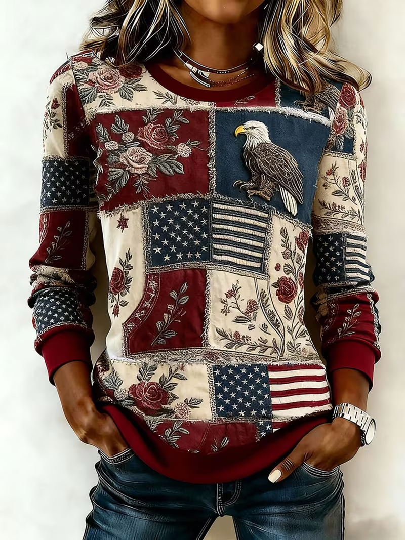 Women's Floral Plaid Print Crewneck Pullover Sweatshirt