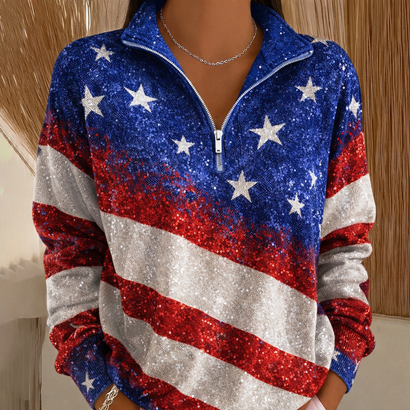 American Flag Star Print Half-Zip Hoodie for Women
