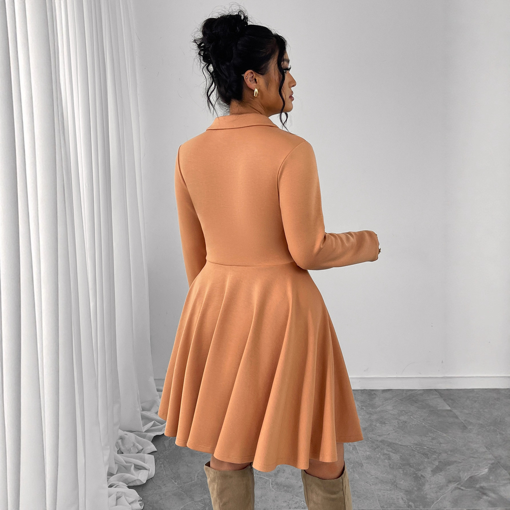 Women's Caramel Collared Long Sleeve A-Line Midi Dress