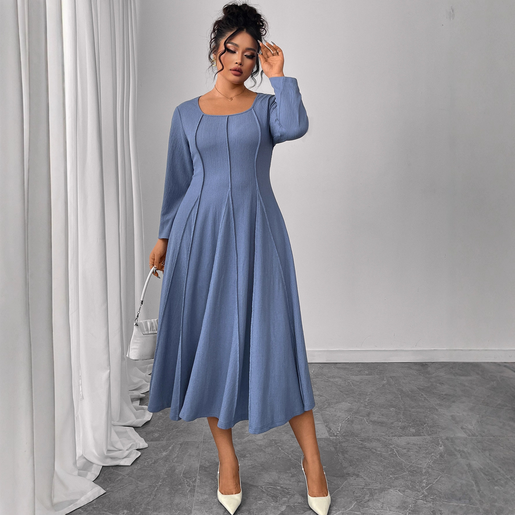 Square Neck Long Sleeve High Waist Maxi Dress