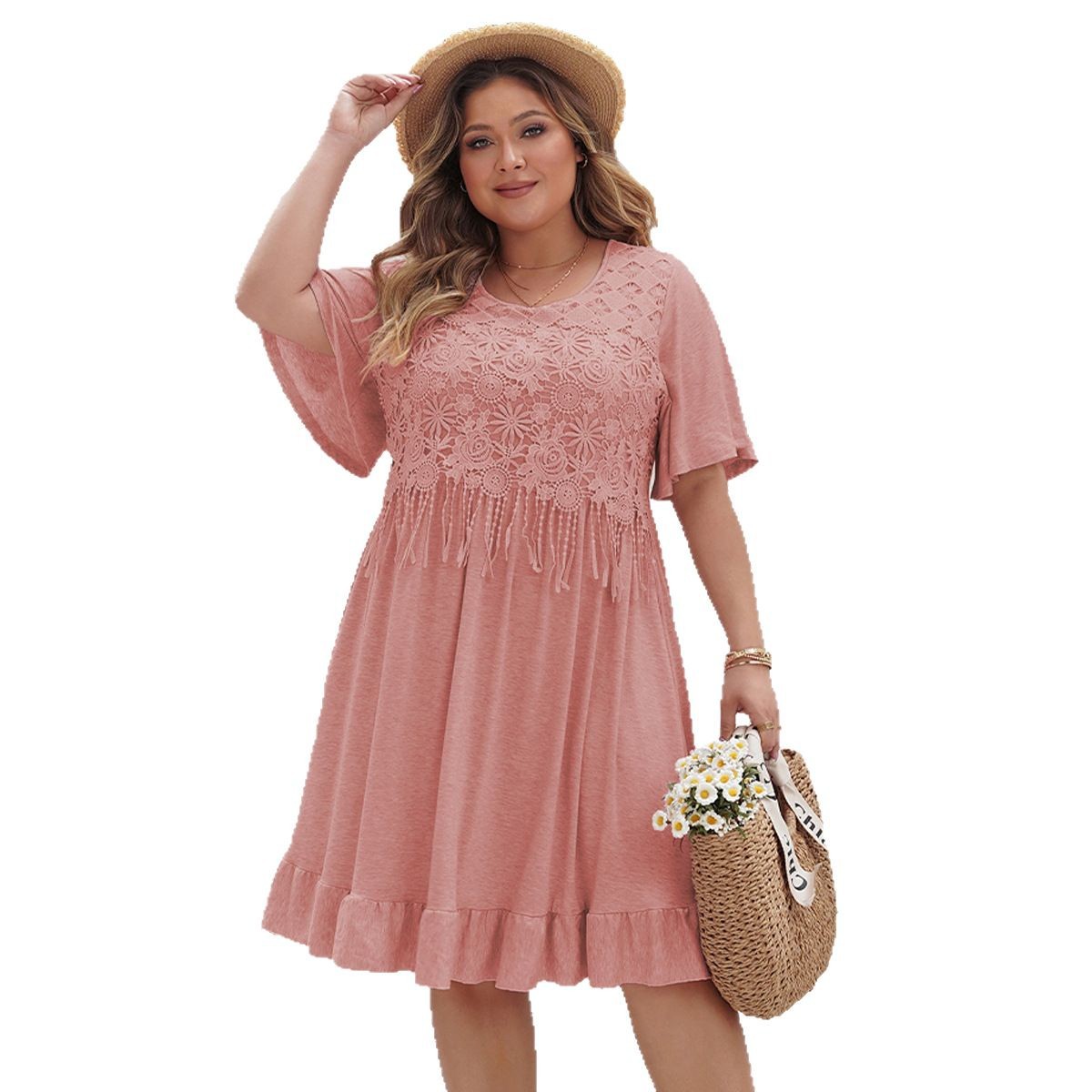 Bohemian Tassel Chiffon Maxi Dress with Round Neck and Flared Sleeves