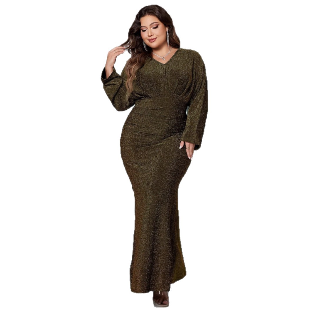 Women's V-Neck Long Sleeve Mermaid Evening Dress High Waist Sequin Long Gown