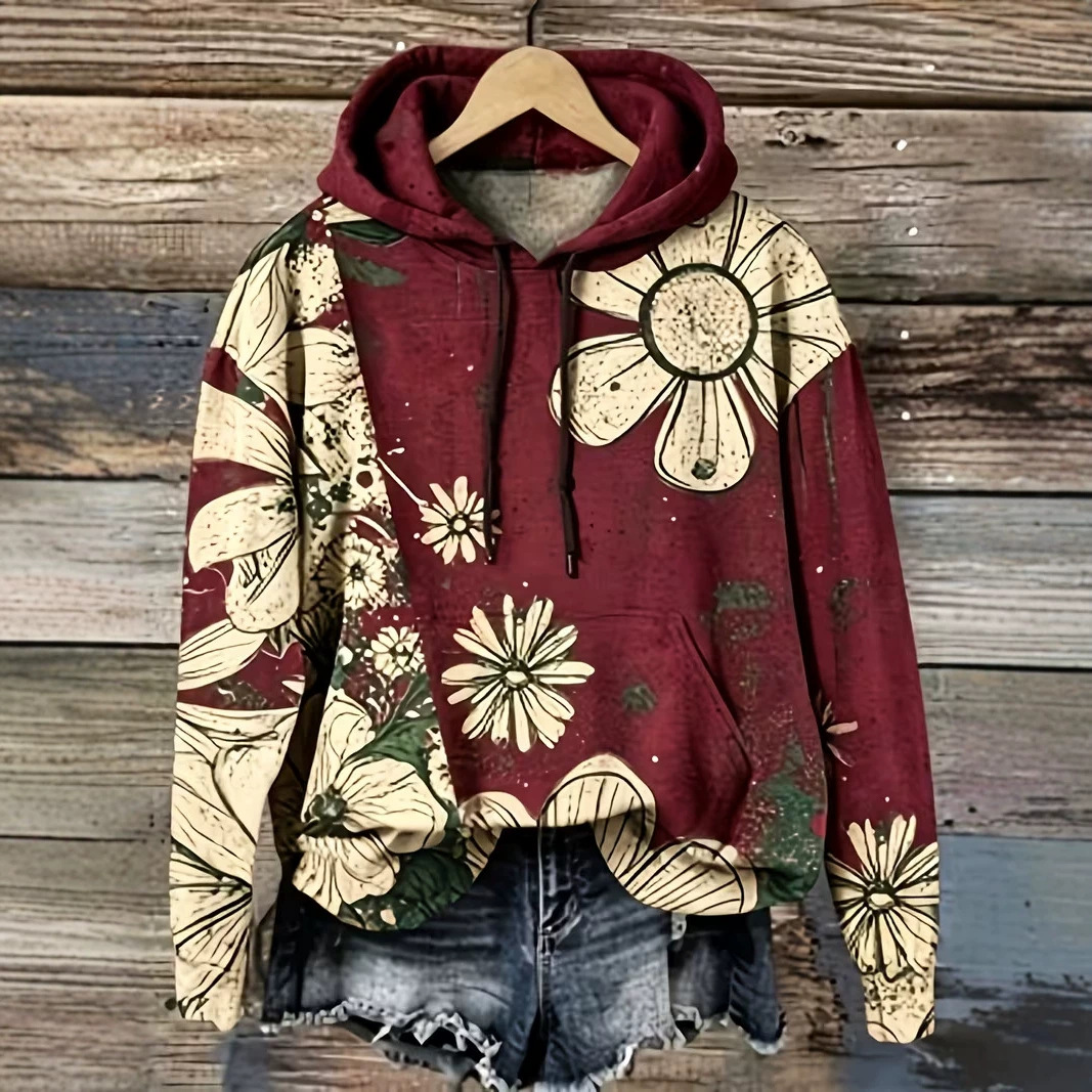 Floral Petal Print Women's Casual Hoodie