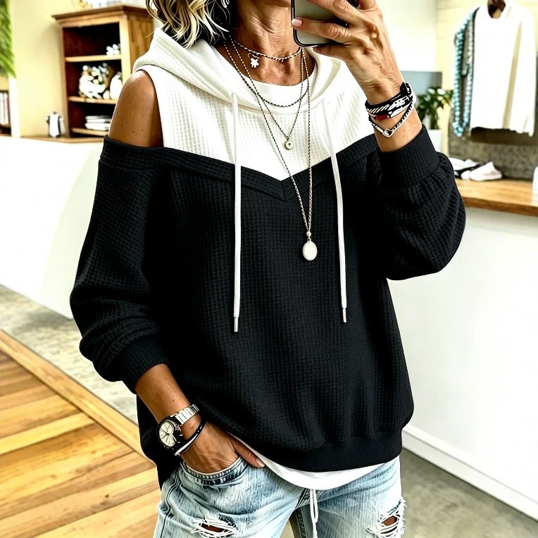 Waffle Colorblock Cold-Shoulder Hoodie Casual Loose Women's Top