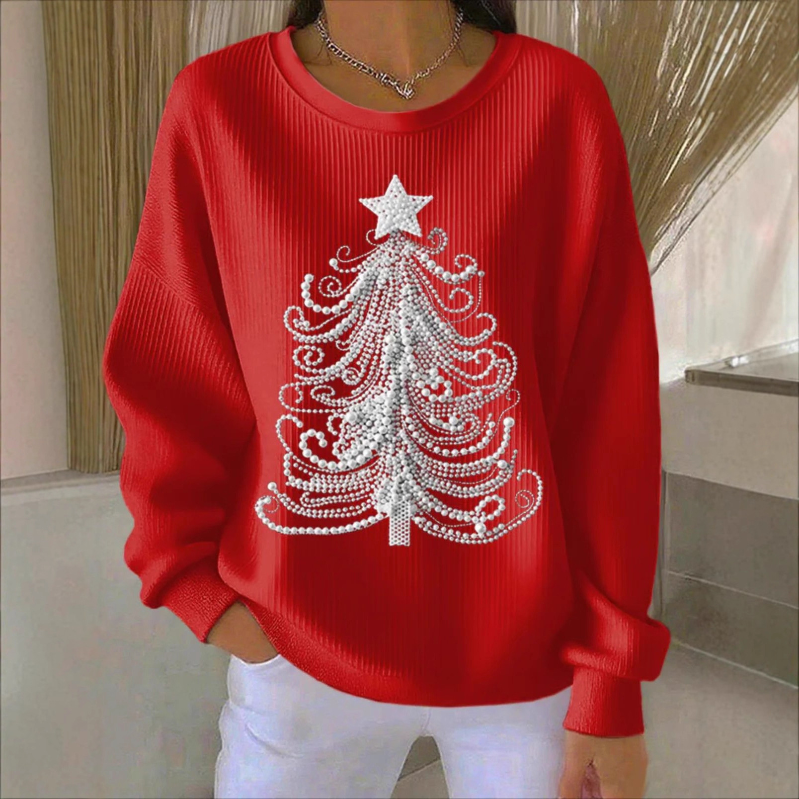 Women's Pumpkin Christmas Tree Bow Print Crewneck Sweatshirt
