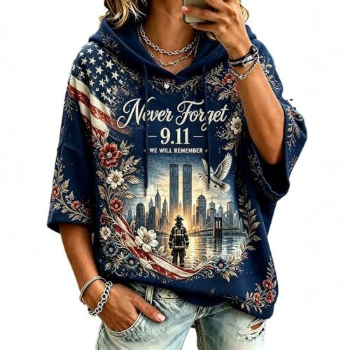 Women's Casual Hoodie with American Twin Towers Print