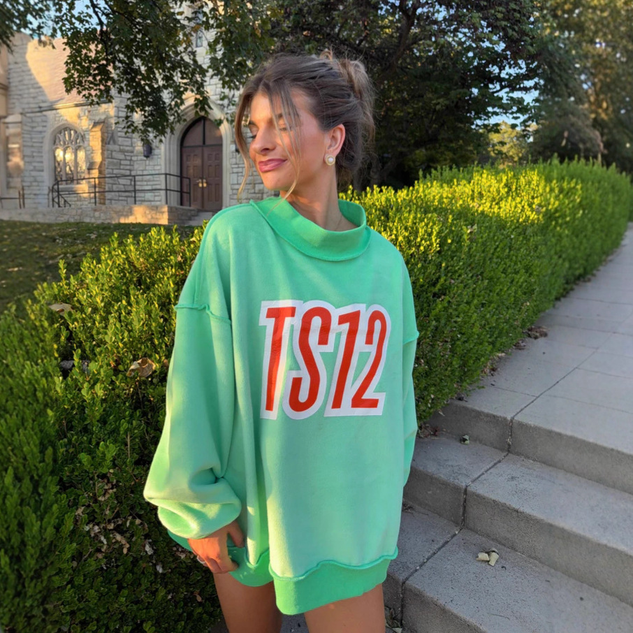 Women's Letter Print Half-Turtleneck Long-Sleeve Loose Reversible Sweatshirt