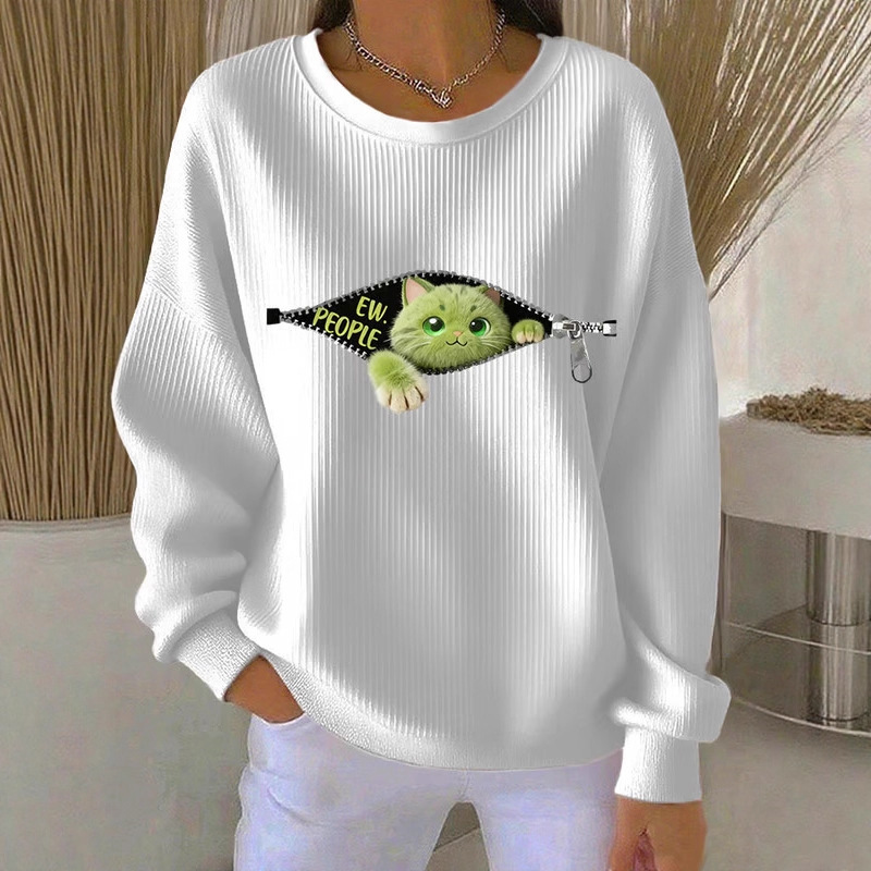 Women's Cartoon Cat Print Zip-Up Crewneck Sweatshirt
