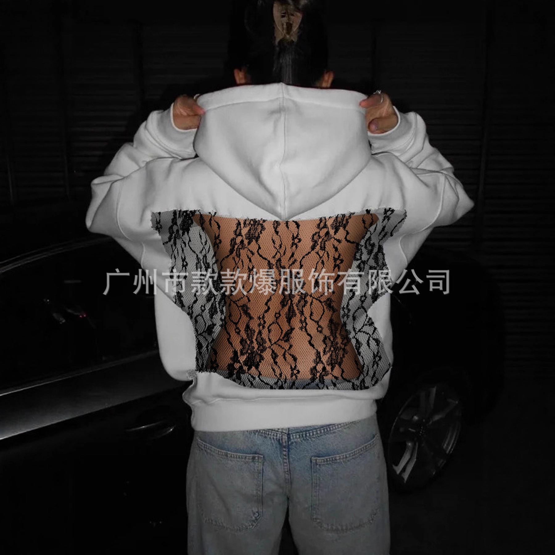 Women's Solid Color Hooded Long Sleeve Open Back Lace Hoodie