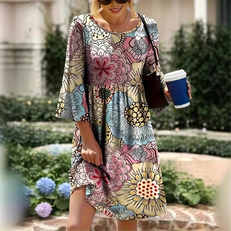 Floral Print Loose Casual Women's Midi Dress Grass Green