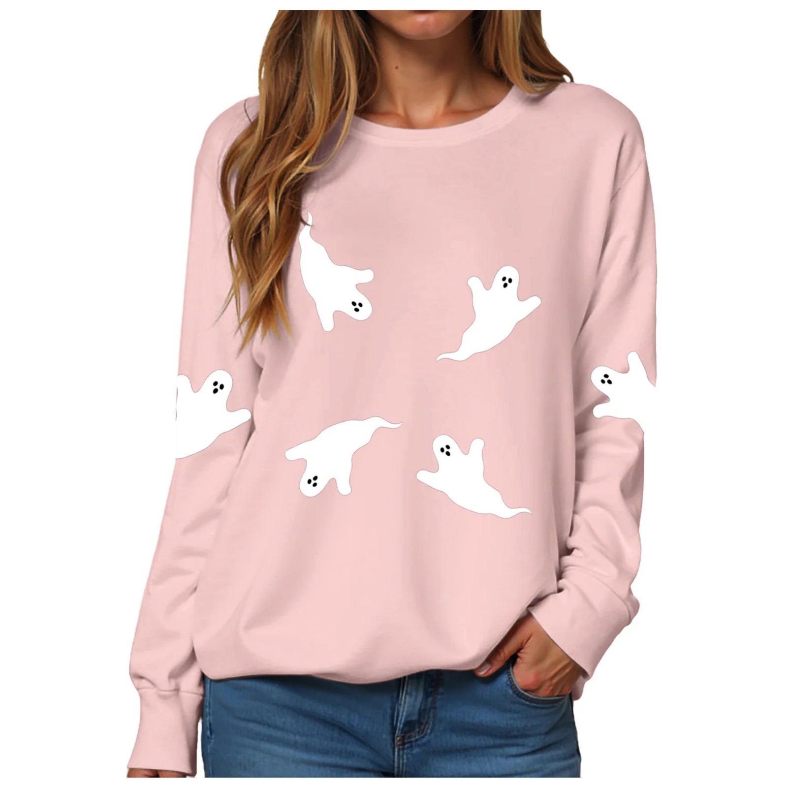 Women's Solid Color Halloween Ghost Crewneck Sweatshirt