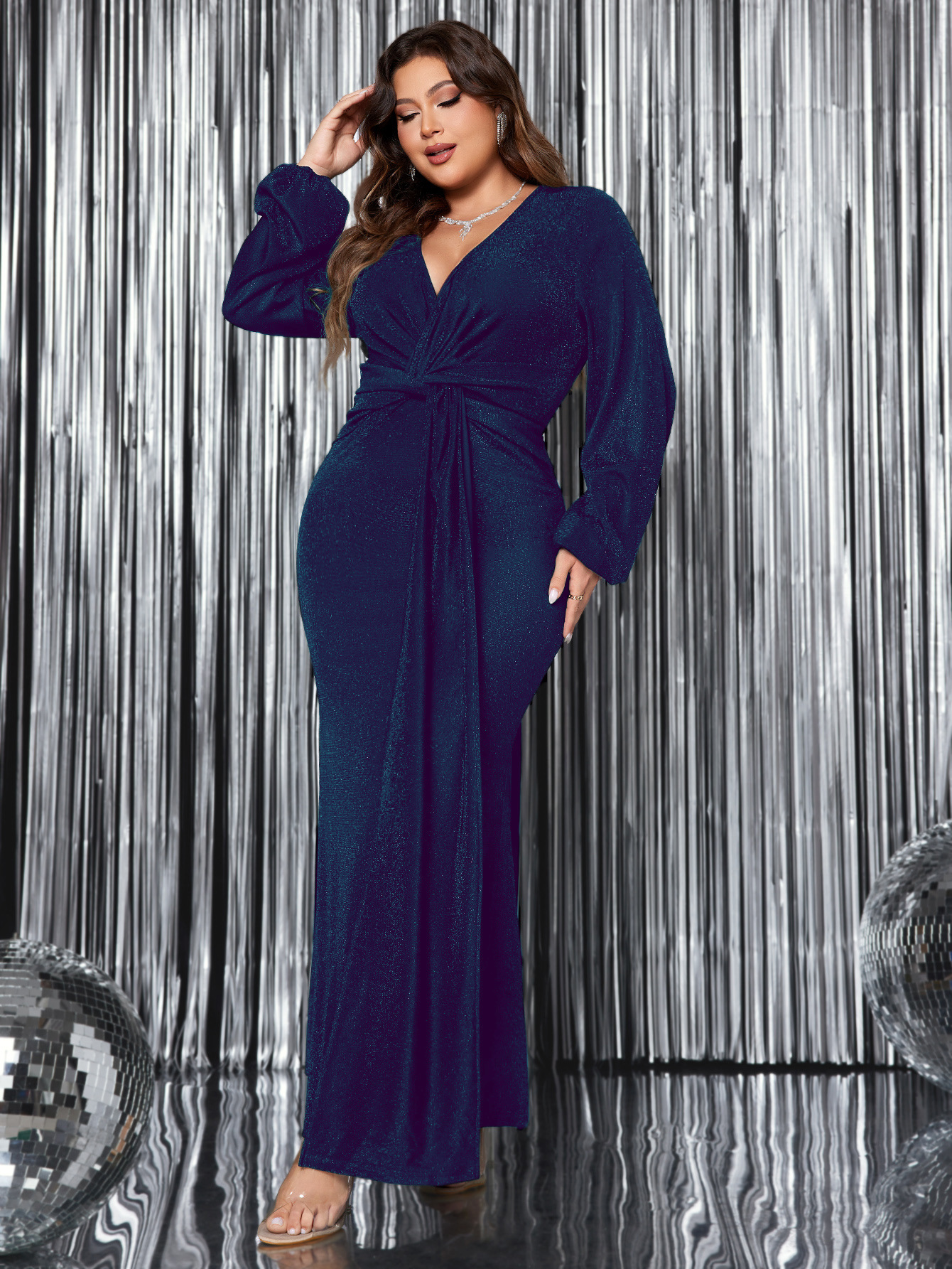V-Neck Long Sleeve Mermaid Evening Dress with Rhinestones