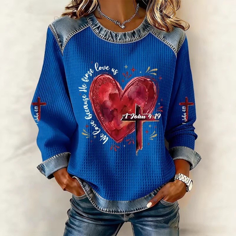 Women's Heart Cross Letter Print Crewneck Sweatshirt