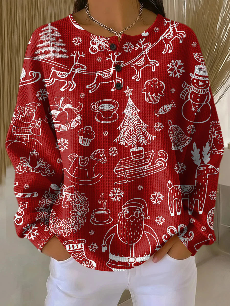 Women's Plaid Tree Floral Polka Dot Print Button Sweatshirt