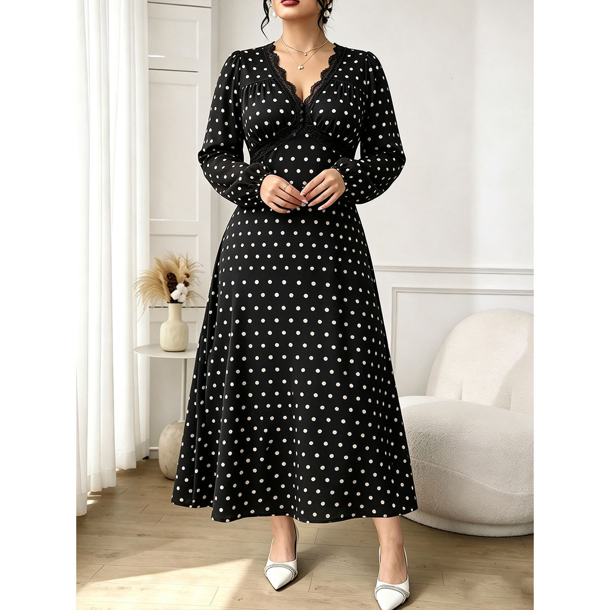 Retro Polka Dot Lace V-Neck Long Sleeve Dress