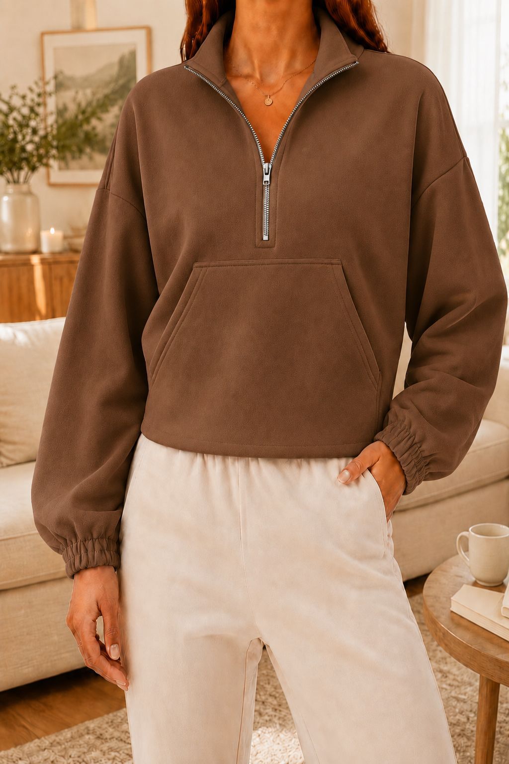 Women's Half-Zip Collared Cropped Hoodie with Kangaroo Pocket