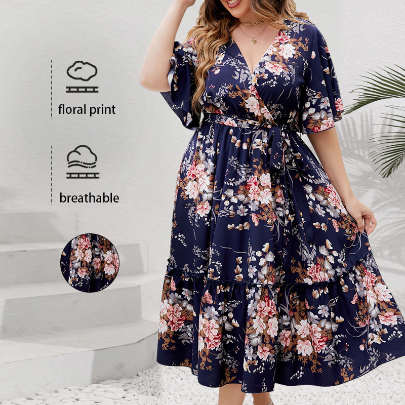 Plus Size V-Neck Navy Floral Print Midi Dress