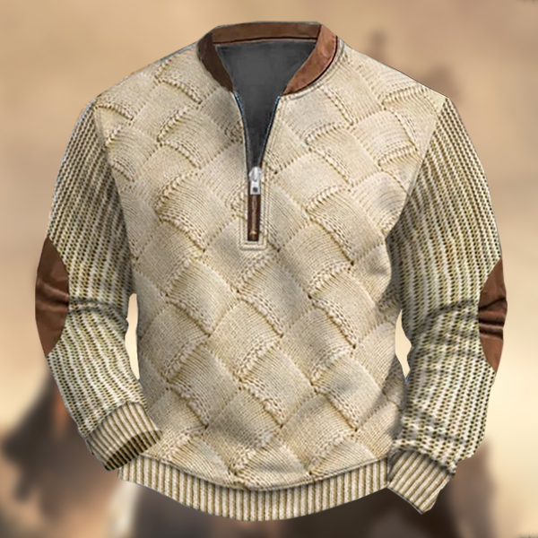 Men's Vintage Western Color Block Knitted Print Zipper Stand Collar Casual Sweatshirt-Comfort & Reliable