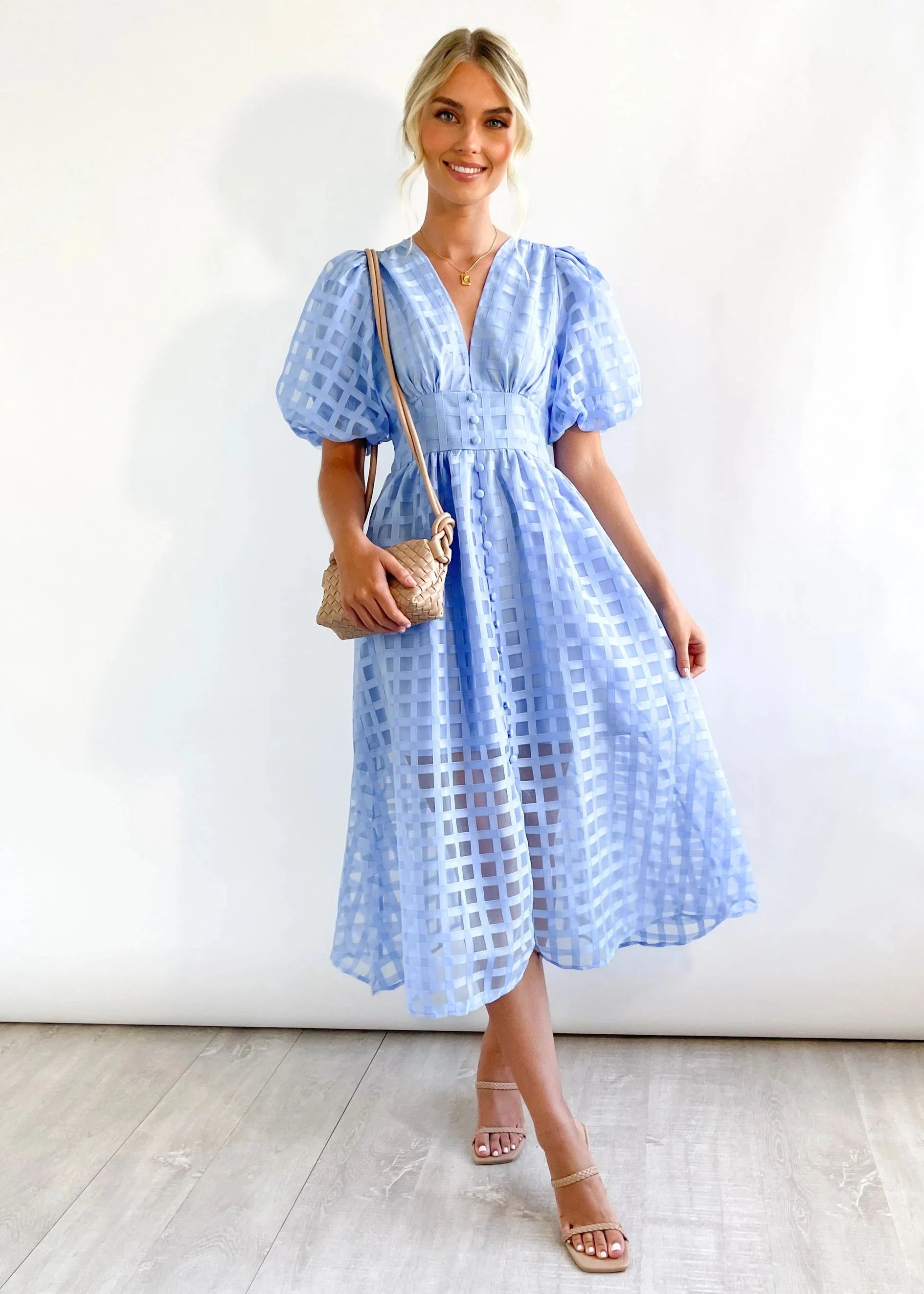 Beauty Square Patterned Fabric Puff Sleeve Midi Dress-Comfort & Reliable