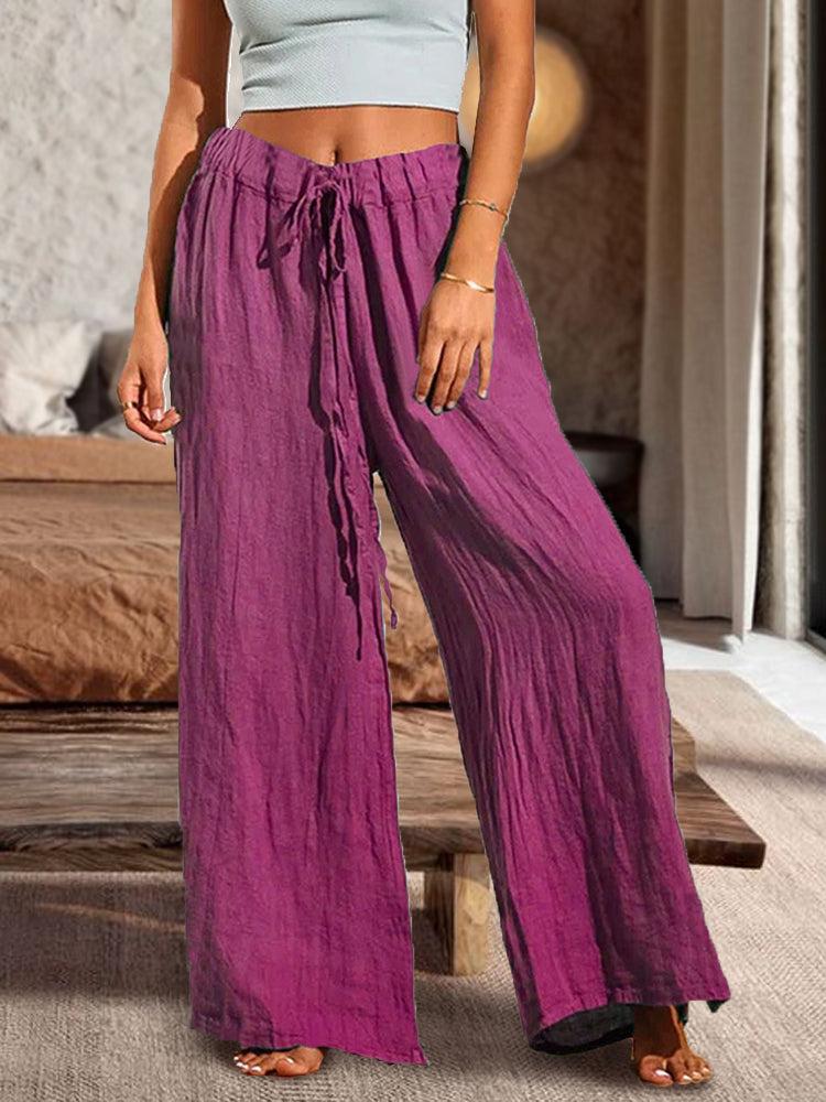 Cotton Casual Loose Soft Drawstring Wide Leg Solid Color Slit Straight Pants-Comfort & Reliable