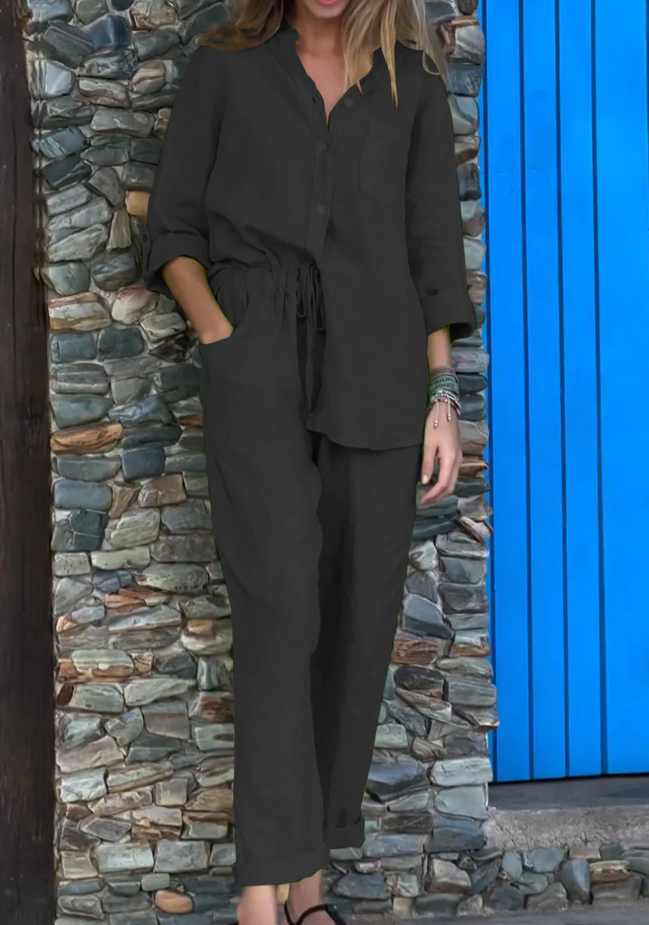 Casual Solid Color V-Neck Shirt & Pants Cotton Linen Two-Piece Set-Comfort & Reliable