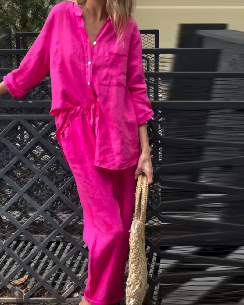 Casual Solid Color V-Neck Shirt & Pants Cotton Linen Two-Piece Set-Comfort & Reliable