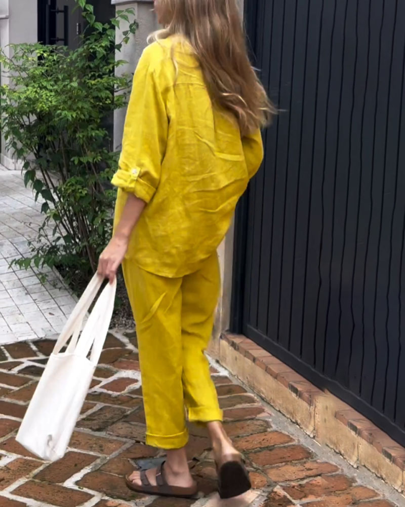 Casual Solid Color V-Neck Shirt & Pants Cotton Linen Two-Piece Set-Comfort & Reliable