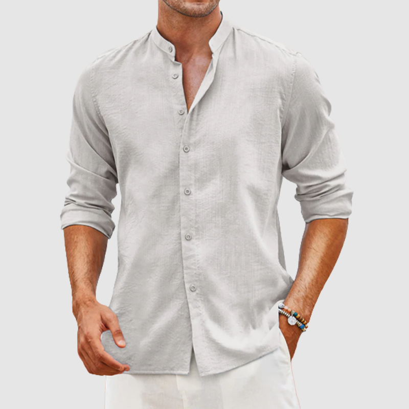 Men's linen cardigan solid color casual standing collar long sleeve shirt-Comfort & Reliable