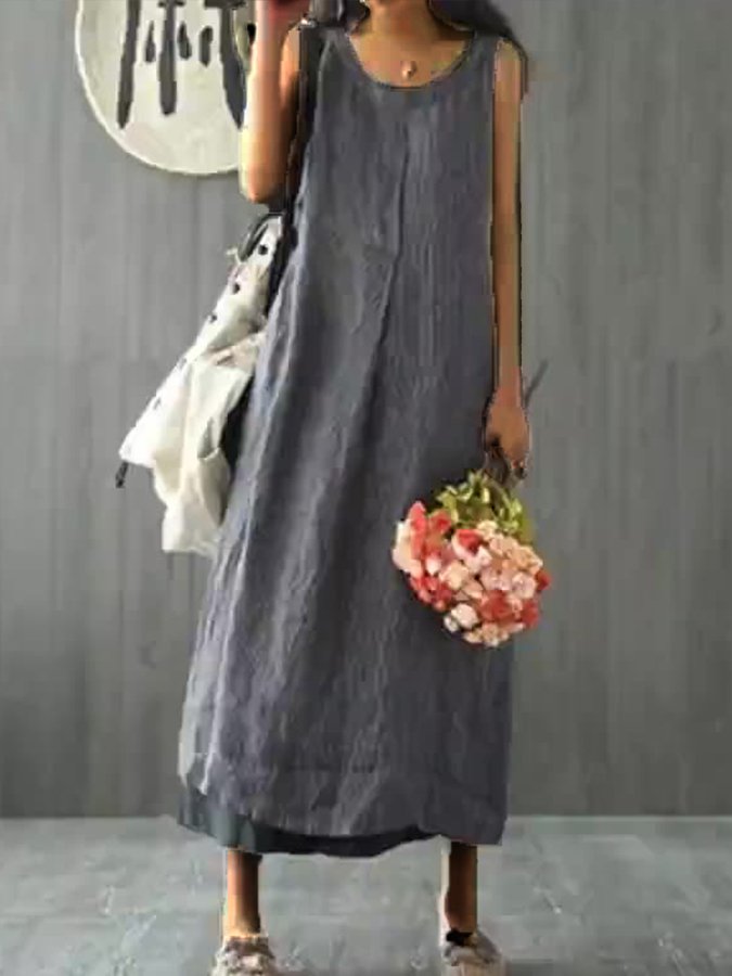 Women's Solid Color Round Neck Loose Sleeveless Cotton Linen Dress-Comfort & Reliable