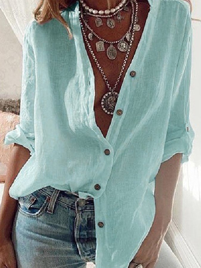 Ladies Cotton Linen Solid Color Pull-Sleeve Loose V-Neck Long-Sleeve Shirt-Comfort & Reliable