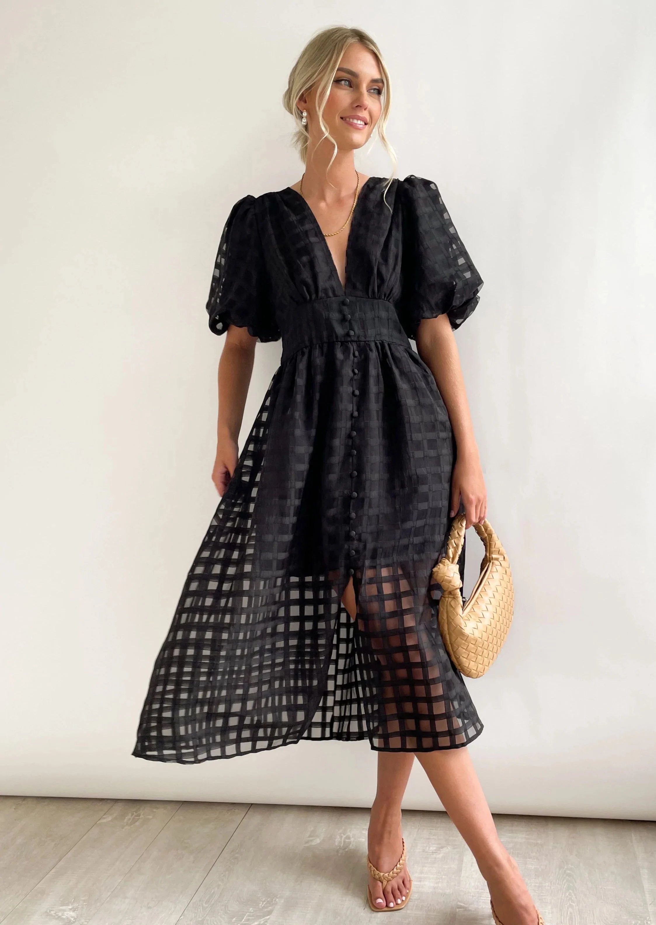 Beauty Square Patterned Fabric Puff Sleeve Midi Dress-Comfort & Reliable