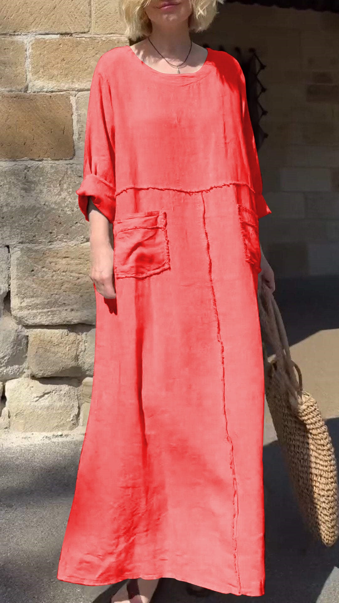 Round Neck Cotton and Linen Long Sleeve Casual Dress-Comfort & Reliable