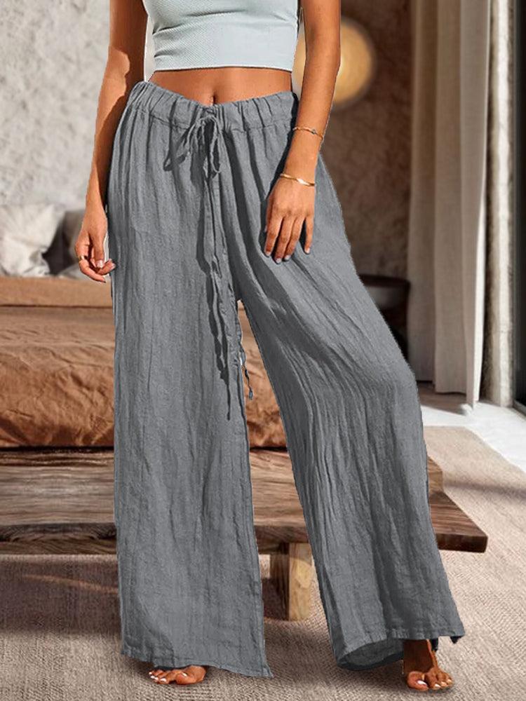 Cotton Casual Loose Soft Drawstring Wide Leg Solid Color Slit Straight Pants-Comfort & Reliable