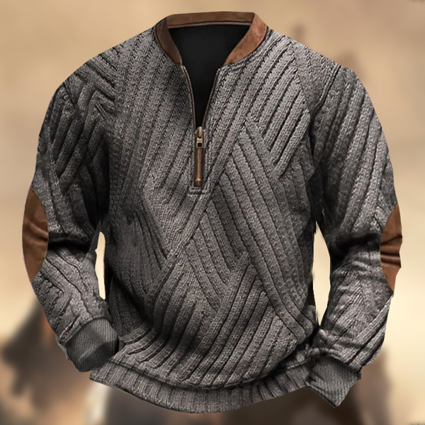 Men's Vintage Western Knitted Print Zipper Stand Collar Casual Sweatshirt-Comfort & Reliable