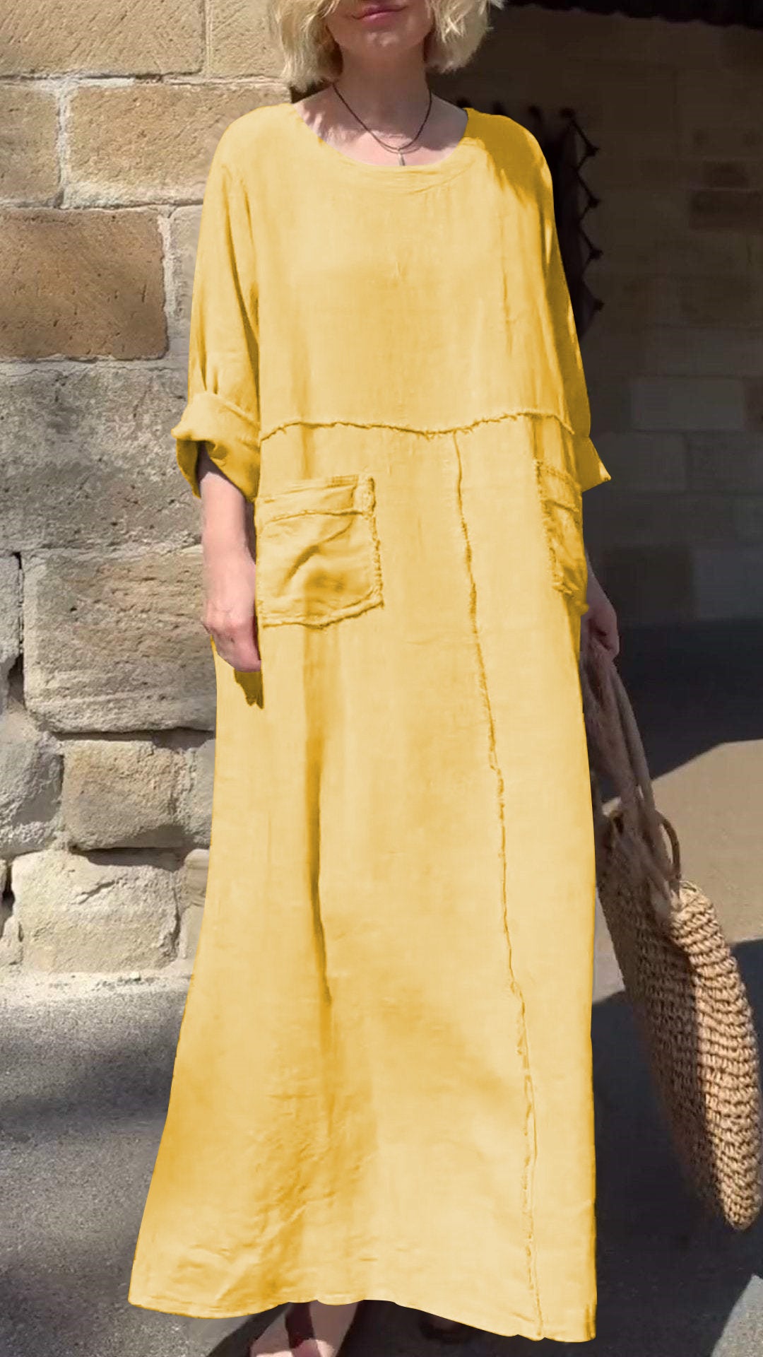 Round Neck Cotton and Linen Long Sleeve Casual Dress-Comfort & Reliable