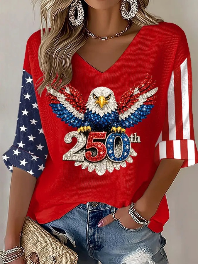 Women's American 250th Anniversary Three-Quarter Sleeve V-Neck Top