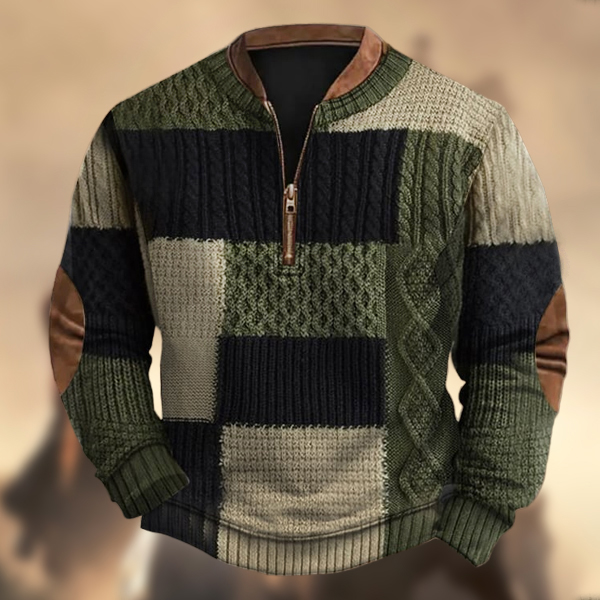 Men's Vintage Wool Kint Patchwork Print Zipper Stand Collar Casual Sweatshirt-Comfort & Reliable