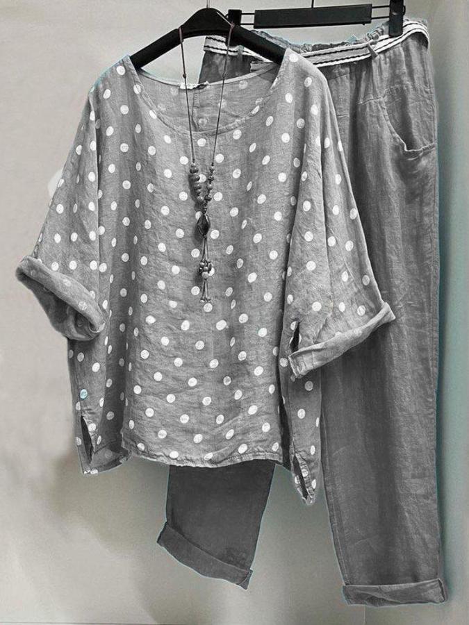 Women's Polka Dots Printed Cotton And Linen Two Pieces Suit-Comfort & Reliable