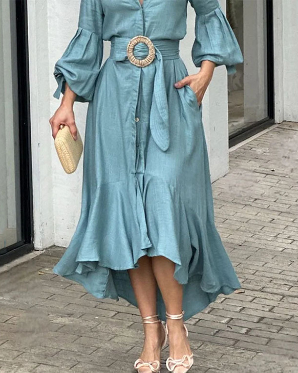 Temperament Casual V-neck Collar Solid Color Pocket Dress-Comfort & Reliable