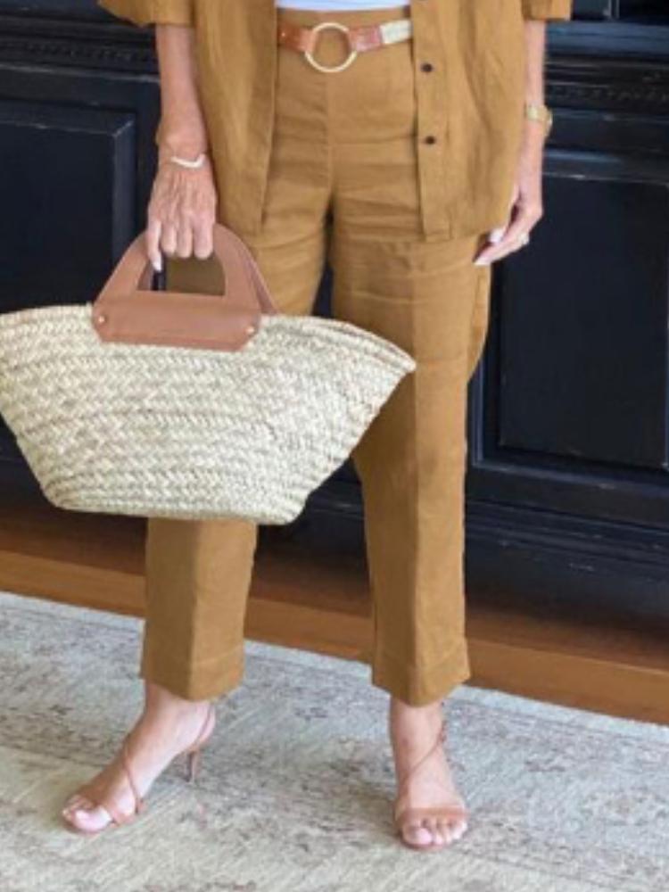 Women's Solid Color Lapel Top Casual Pants Suits-Comfort & Reliable