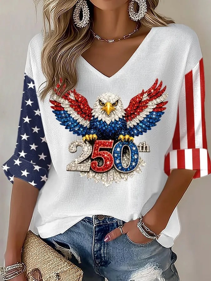 Women's American 250th Anniversary Three-Quarter Sleeve V-Neck Top