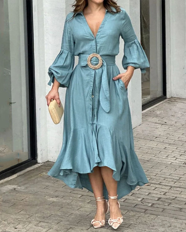 Temperament Casual V-neck Collar Solid Color Pocket Dress-Comfort & Reliable