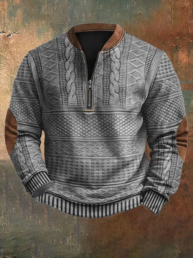 Men's Vintage Country Western Cashmere Wool Print Zipper Stand Collar Casual Sweatshirt-Comfort & Reliable