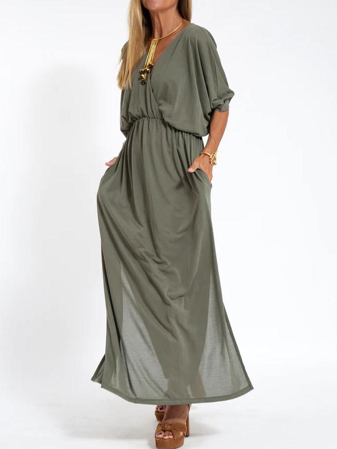 Women's Casual Solid Color V Neck Slit Dress-Comfort & Reliable